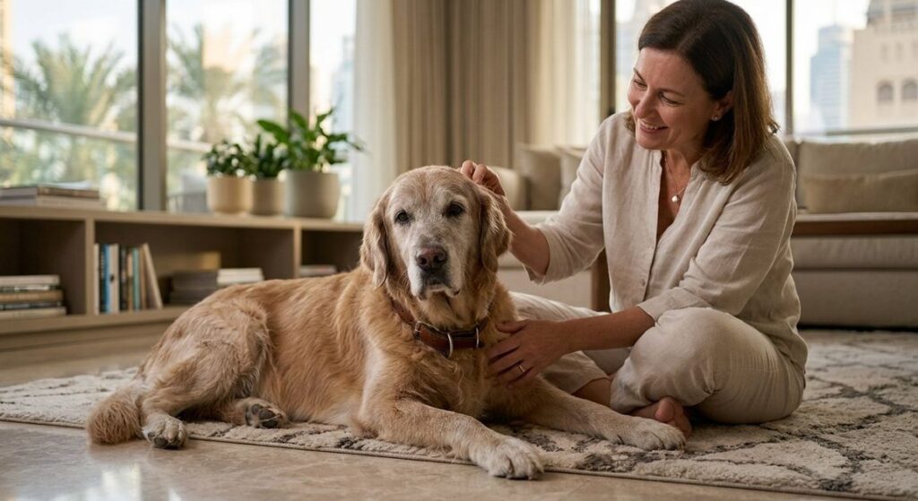 A high quality, photorealistic photograph for a business profile: Is Your Dog A Senior? Dubai
