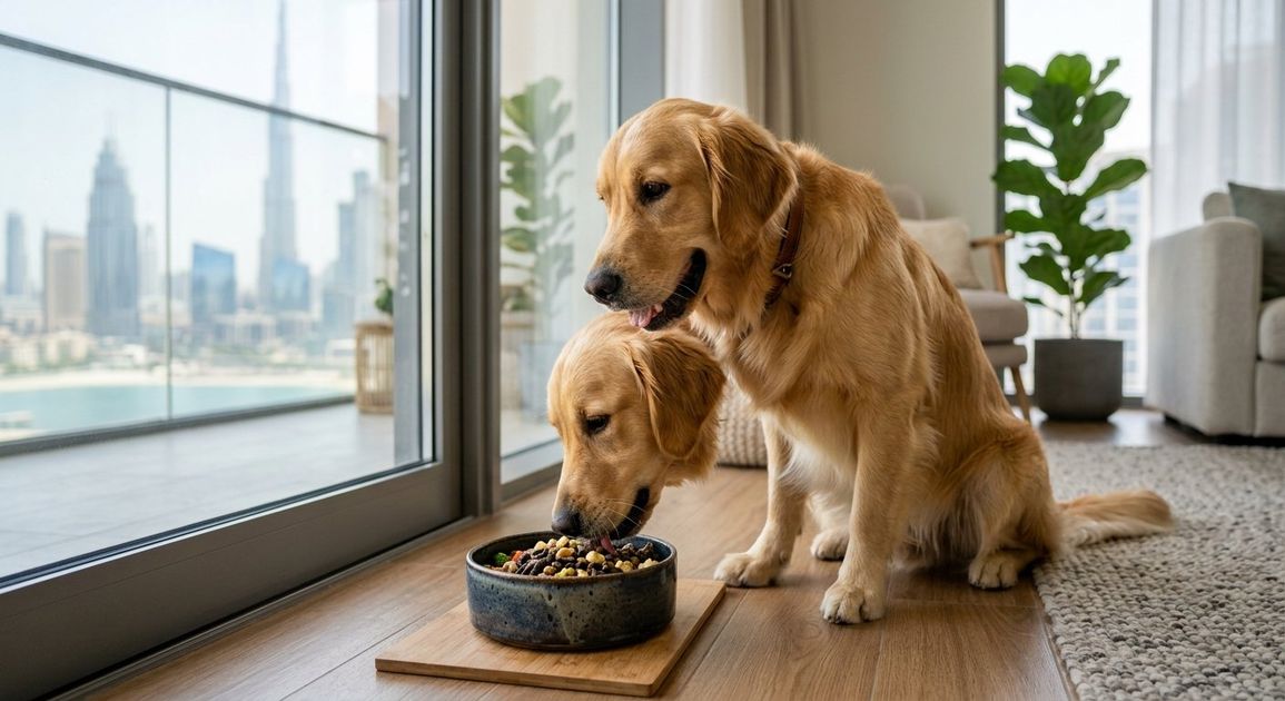 A high quality, photorealistic photograph for a business profile: Best Pet Food Dubai: Heat-Safe Nutrition