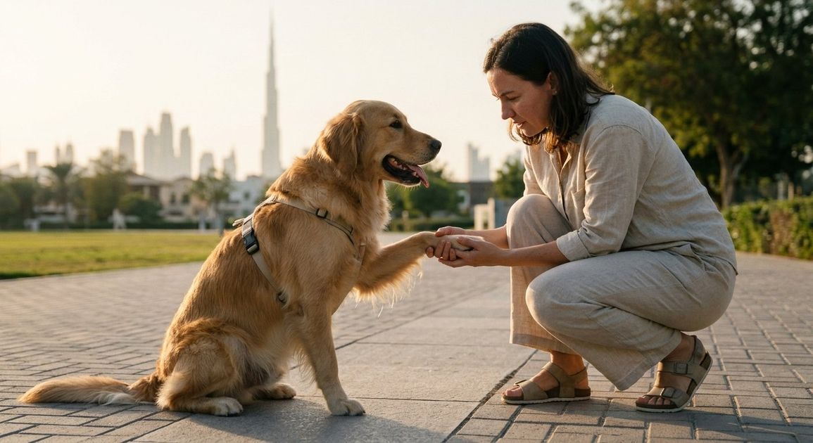 A high quality, photorealistic photograph for a business profile: Dog Paw Burns in Dubai? Safe