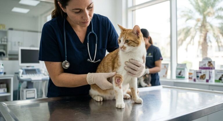 A high quality, photorealistic photograph for a business profile: Ringworm in Pets Dubai: Stop the