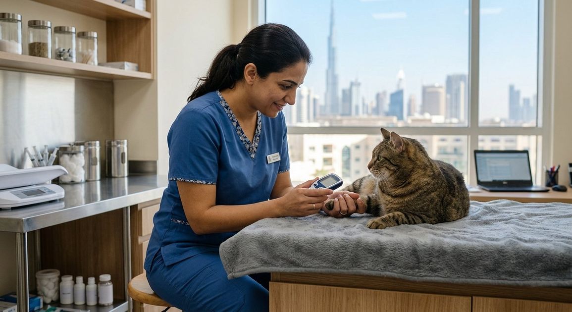A high quality, photorealistic photograph for a business profile: Cat Diabetes in Dubai: Signs &
