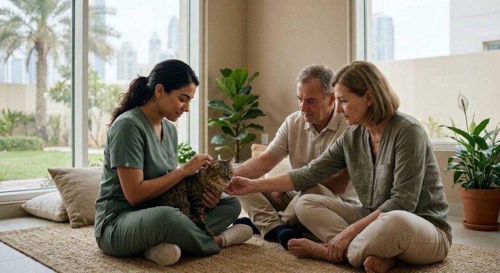 A high quality, photorealistic photograph for a business profile: Saying Goodbye: Pet End of Life