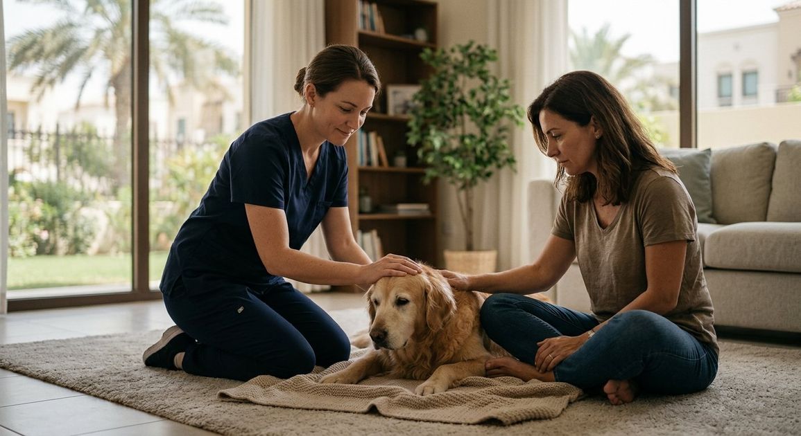A high quality, photorealistic photograph for a business profile: Saying Goodbye: Pet End of Life
